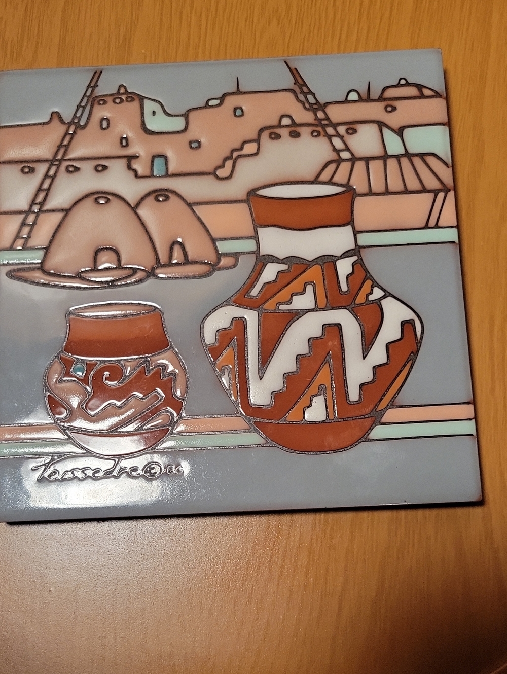 Cleo Teissedre Designs Southwestern Tile Plaque with Rust and Light Blue Vessel